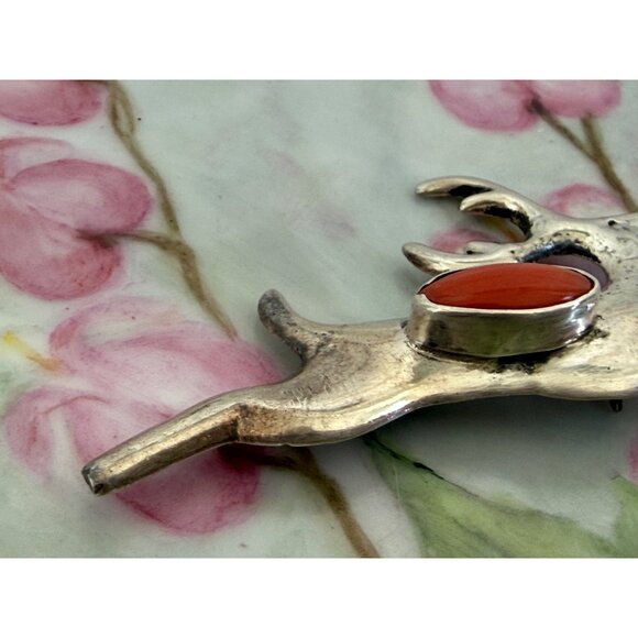 Vintage 60's Navajo Native American Brooch Leaping Deer Coral Stone 11.6 grams - Picture 11 of 11